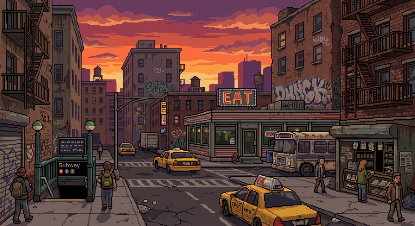 Pixel art image of a street in a busy American city. It should be sunset and clouds visible. Also make it look used and gritty. Things should be worn down or rusty