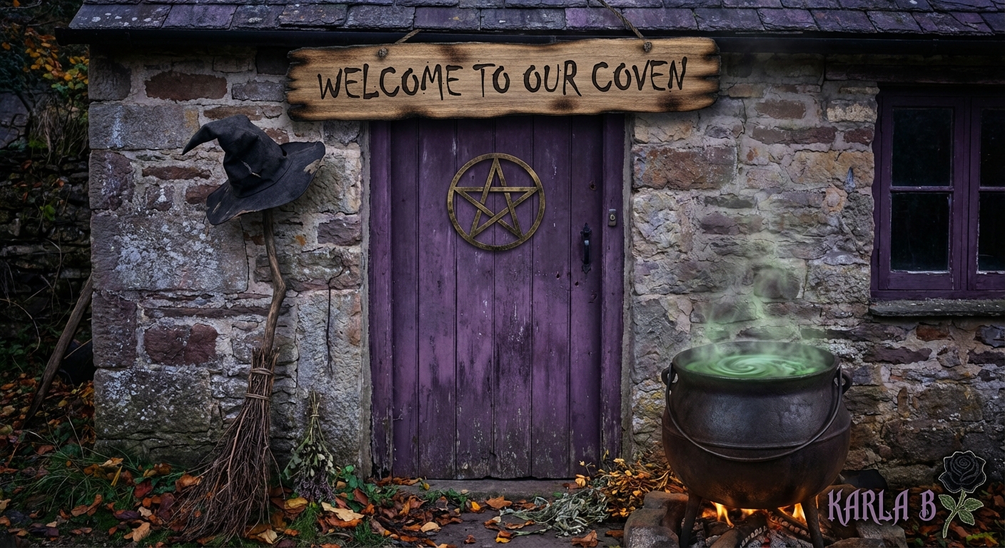 a purple door with a wooden sign with burnt edges and "WELCOME TO OUR COVEN" wrote on sign, a gold pentagram on front of door, a crooked witches broom with a crooked witches hat on top of broom on one side of the door, on opposite side a witches cauldron with steaming green liquid. "KARLA B" in gothic style lettering with a small black rose next to name in lower corner of picture
