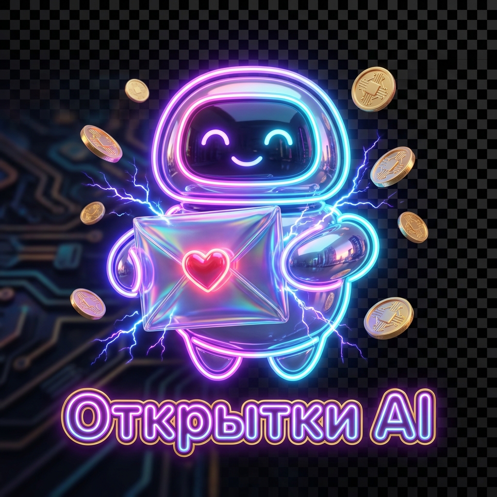 3D neon mascot logo for a greeting-cards bot: a friendly glossy robot holding a shiny greeting bag/envelope with a small heart, dynamic neon rim lighting, chrome reflections, glowing electric sparks, gold coin/payment token accents, dramatic depth of field, vibrant cyberpunk palette (violet → pink → cyan) with gold highlights, bold rounded wordmark "Открытки AI" placed below the mascot, strong silhouette for favicon readability, highly detailed, cinematic studio lighting, centered composition, transparent background, vector-friendly output --ar 1:1 --v 5 --quality 2