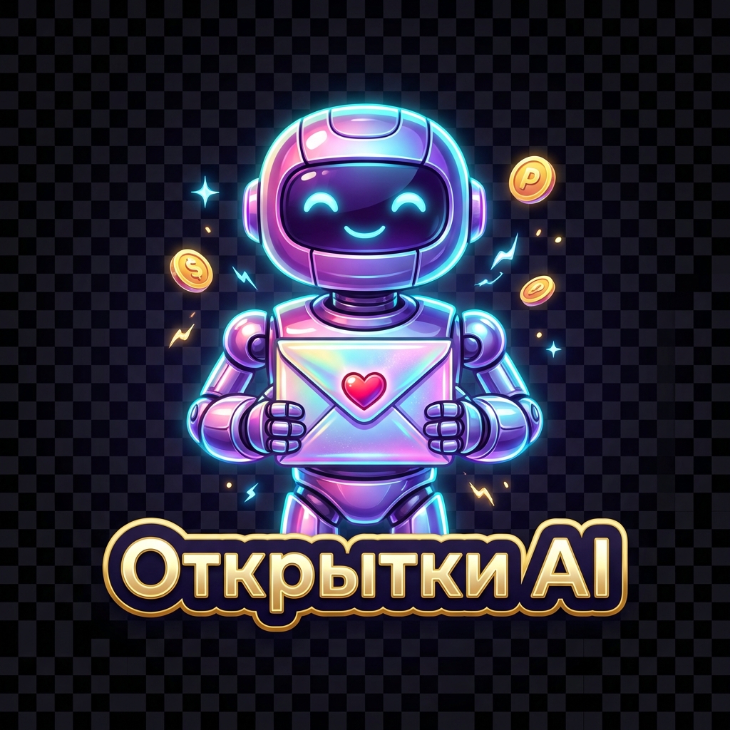 mascot logo for a greeting-cards bot: a friendly glossy robot holding a shiny greeting bag/envelope with a small heart, dynamic neon rim lighting, chrome reflections, glowing electric sparks, gold coin/payment token accents, dramatic depth of field, vibrant cyberpunk palette (violet → pink → cyan) with gold highlights, bold rounded wordmark "Открытки AI" placed below the mascot, strong silhouette for favicon readability, highly detailed, cinematic studio lighting, centered composition, transparent background, vector-friendly output --ar 1:1 --v 5 --quality 2