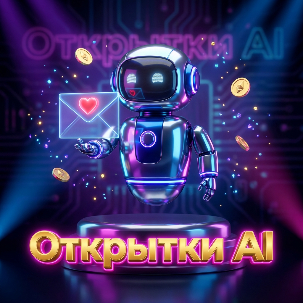 premium 3D neon mascot logo for "Открытки AI", futuristic glossy robot with chrome reflections holding holographic envelope with glowing heart, floating gold coins, magical spark effects, cinematic cyberpunk studio, deep purple and electric blue lighting, reflective metallic platform, volumetric lighting, ultra sharp, bold 3D gold typography with pink neon glow, high-end fintech branding, unreal engine 5 render, octane, hyper detailed, center composition, transparent background --ar 1:1 --v 6 --stylize 500