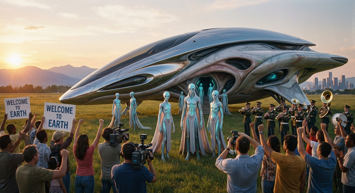 Make an image of a spaceship on planet Earth. Aliens standing outside their spaceship. Earthlings are there to welcome them.