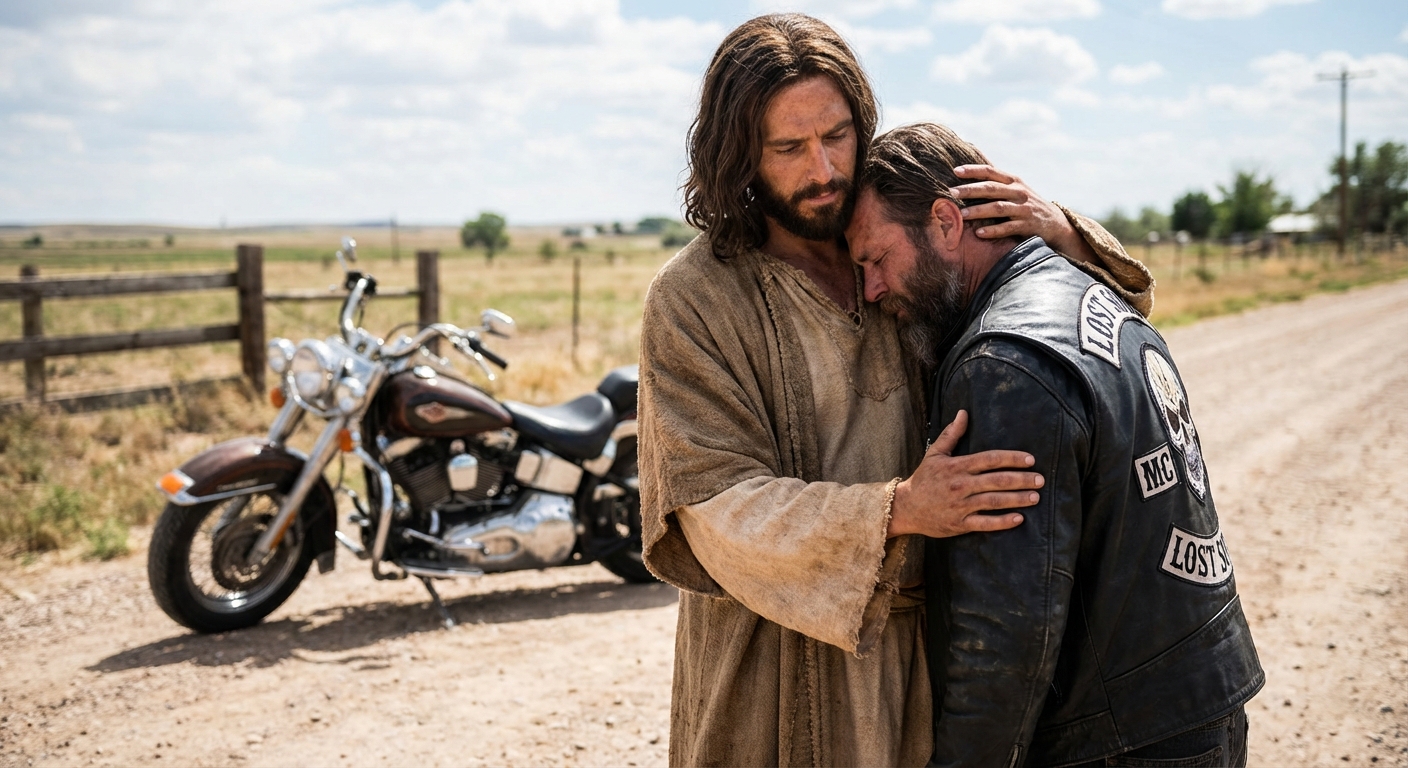 A photo realistic image of Jesus carrying a weeping biker wearing a leather jacket in his arms with a Harley Davidson in the background
