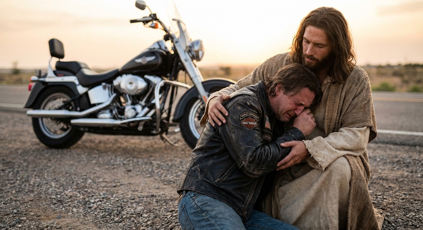 A photo realistic image of Jesus carrying a weeping biker wearing a leather jacket in his arms with a Harley Davidson in the background