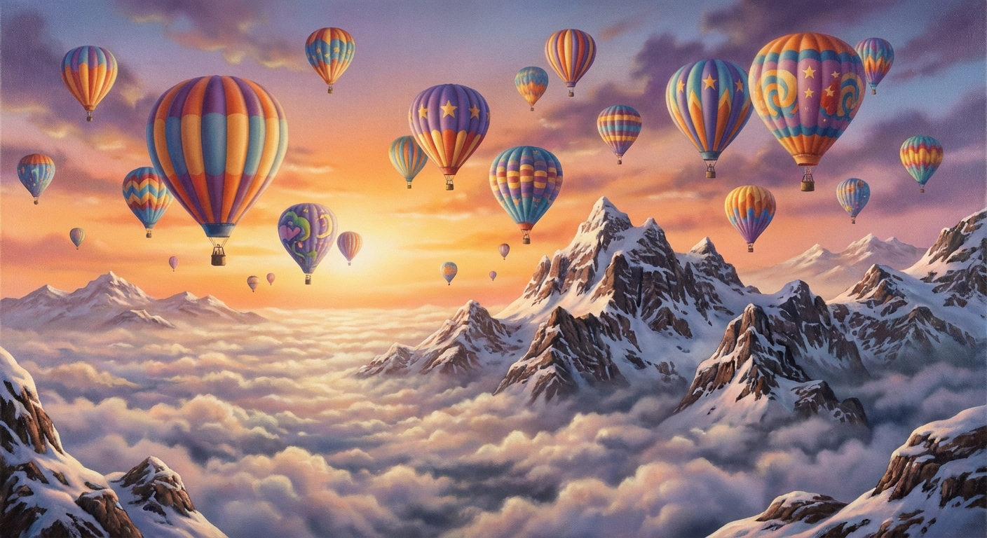 airbrushed painting of hot air balloons floating above rocky mountains winter above clouds