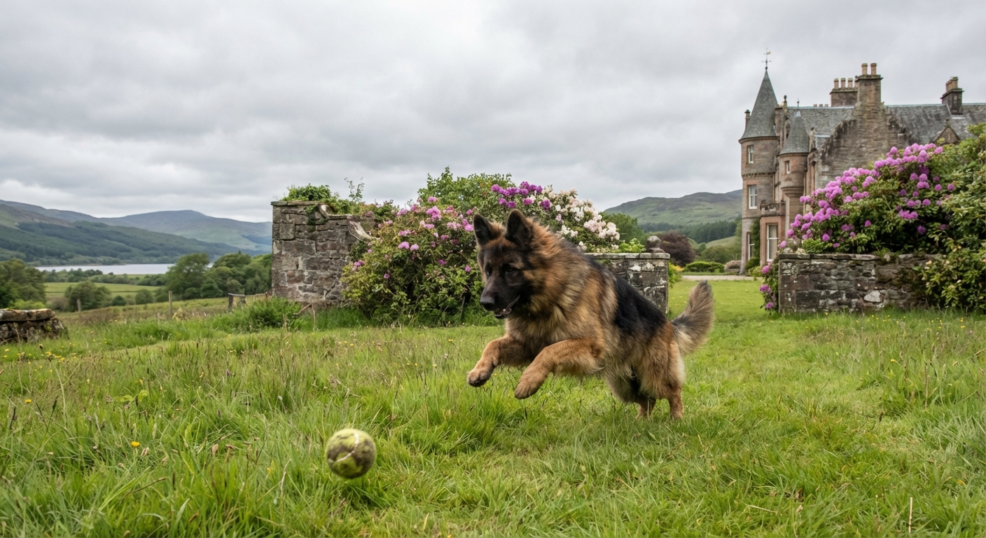 a german shepherd dog playing in a highlands estate gardens