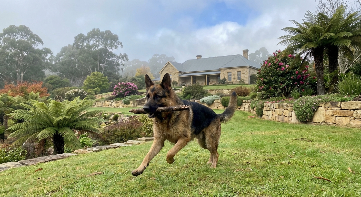 a german shepherd dog playing in an australian highlands estate gardens