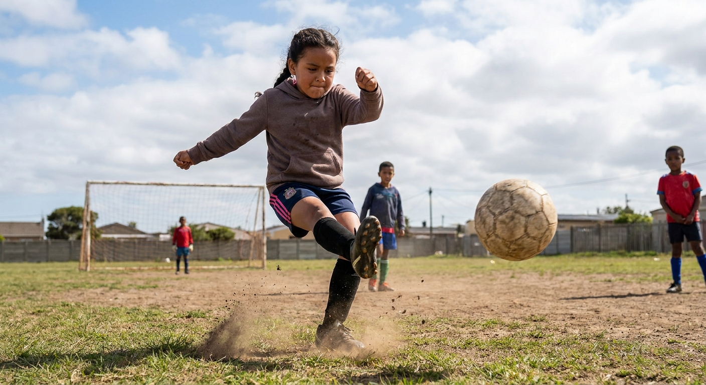girl picks up ball and kicks it hard
