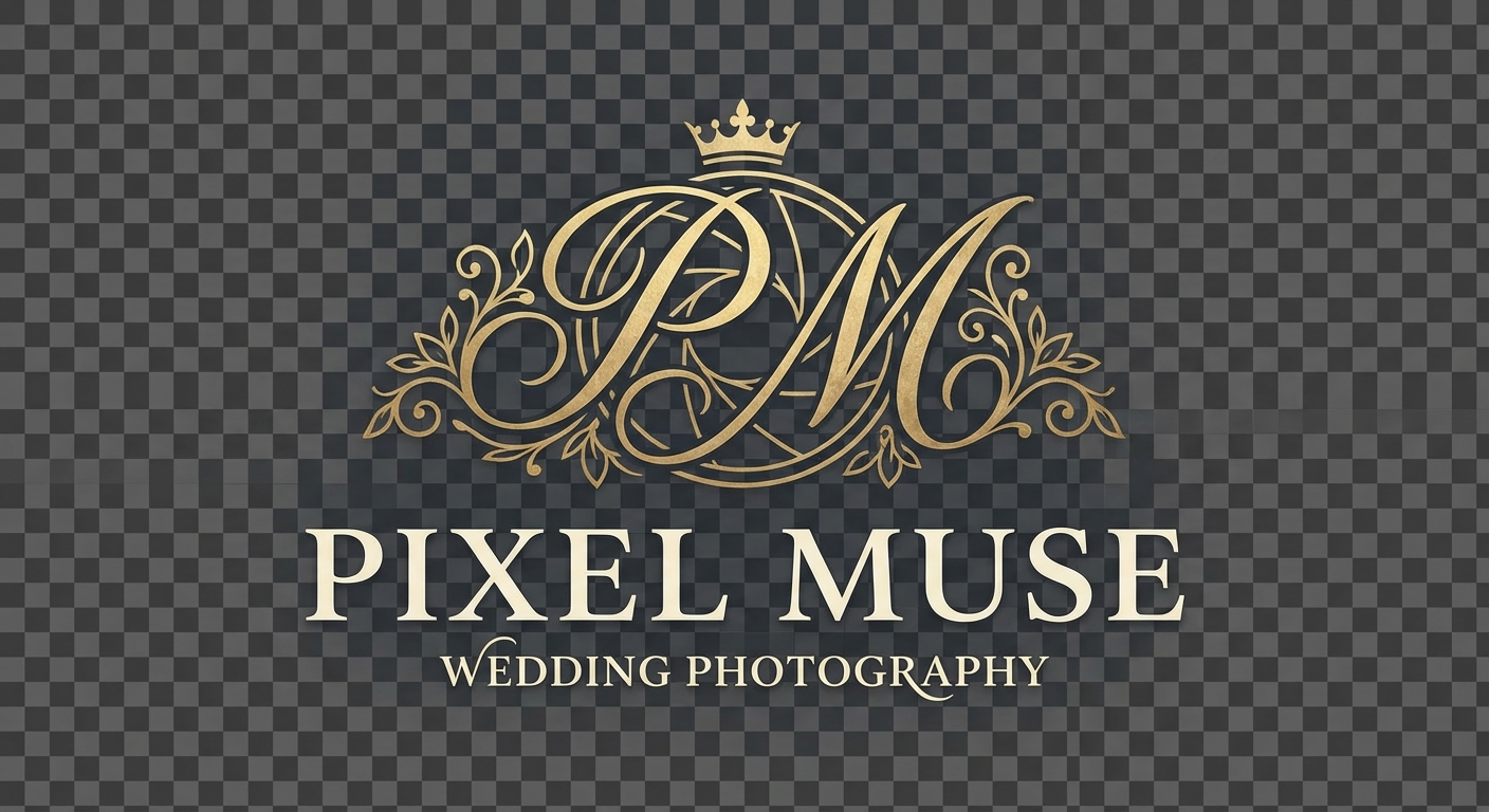 need a logo which should be premium elegant and should feel wow. it should b in a transparent background, its a photography brand. so create the logo accordingly. the name Pixel Muse. intials the design should base on the name and wedding brand
