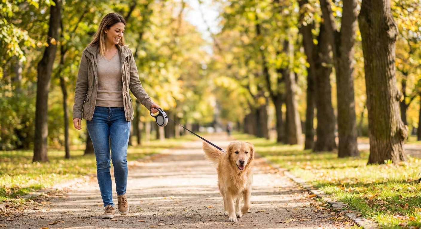 Make her like owner take dog on the walk with leash