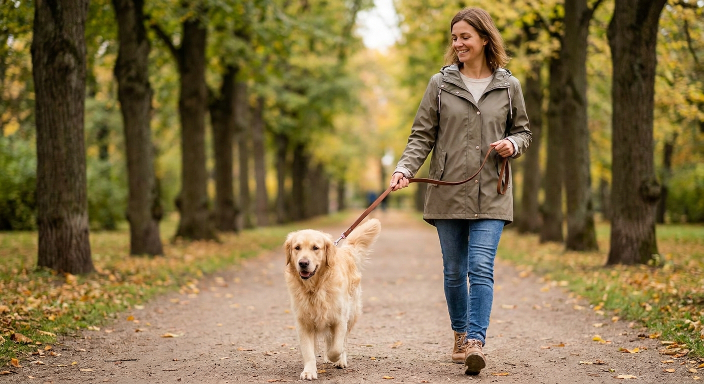 Make this picture her like owner take dog on the walk with leash