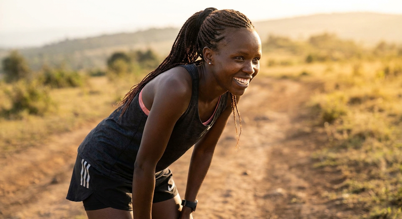 Kenya model in running shorts, hair in braids. Beautiful smile