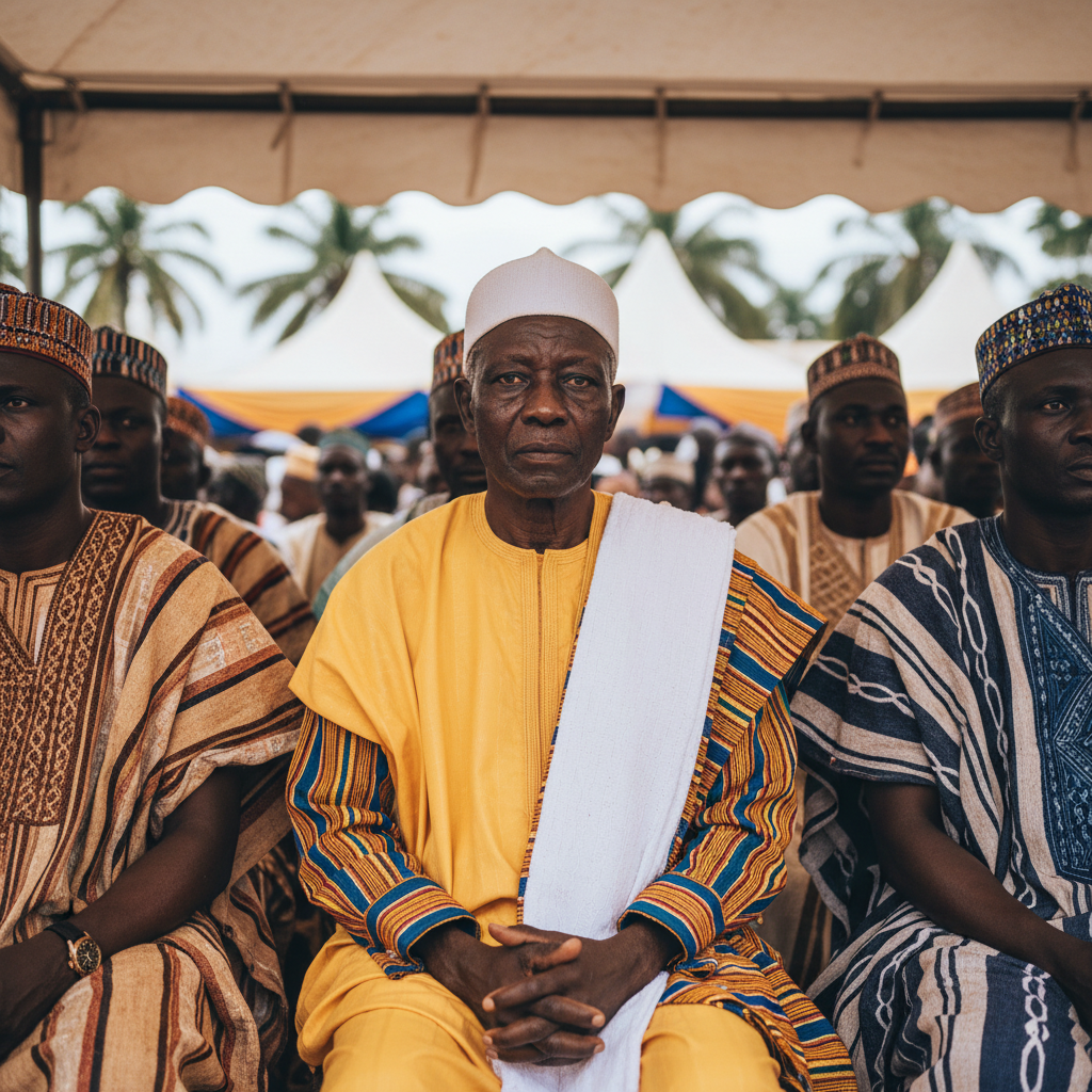 Ultra-realistic cultural portrait of an elderly African chief seated regally under a white canopy at a traditional gathering, wearing a bright yellow smock with striped traditional kente-style sleeves, white scarf draped over one shoulder, white traditional cap, calm and authoritative expression, no sunglasses, natural eyes visible, hands folded together, surrounded by men in northern Ghanaian traditional attire, outdoor daytime setting, candid documentary photography, soft natural lighting, shallow depth of field, authentic African cultural atmosphere, high detail skin texture, cinematic color grading, professional DSLR photography, 85mm lens, sharp focus, realistic background, festival gathering mood, photorealistic, 8k quality.  ￼