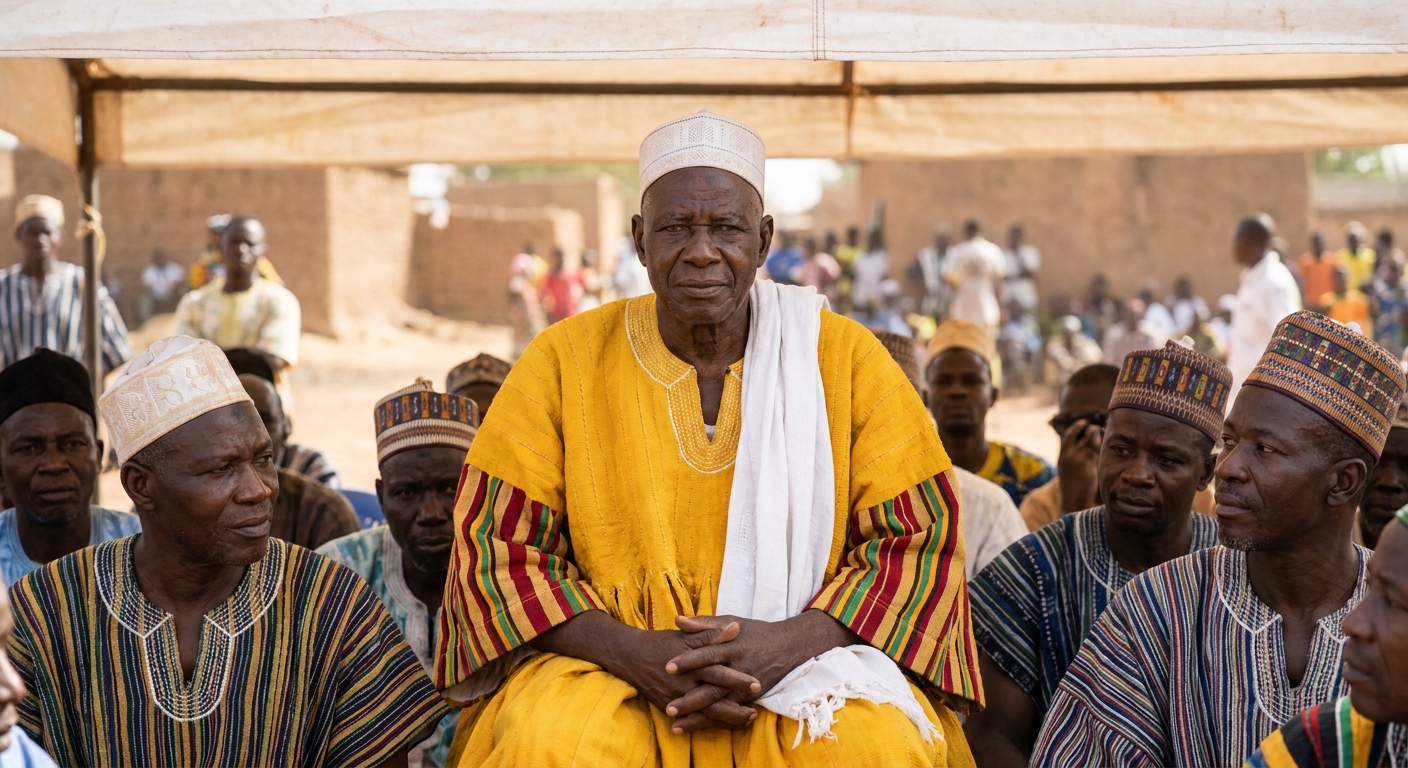 Ultra-realistic cultural portrait of an African chief seated regally under a white canopy at a traditional gathering, wearing a bright yellow smock with striped traditional kente-style sleeves, white scarf draped over one shoulder, white traditional cap, calm and authoritative expression, no sunglasses, natural eyes visible, hands folded together, surrounded by men in northern Ghanaian traditional attire, outdoor daytime setting, candid documentary photography, soft natural lighting, shallow depth of field, authentic African cultural atmosphere, high detail skin texture, cinematic color grading, professional DSLR photography, 85mm lens, sharp focus, realistic background, festival gathering mood, photorealistic, 8k quality.  ￼
