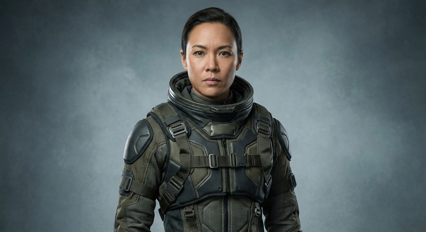 headshot of face and upper torso neutral background clothed as in a star citizen character portrait.