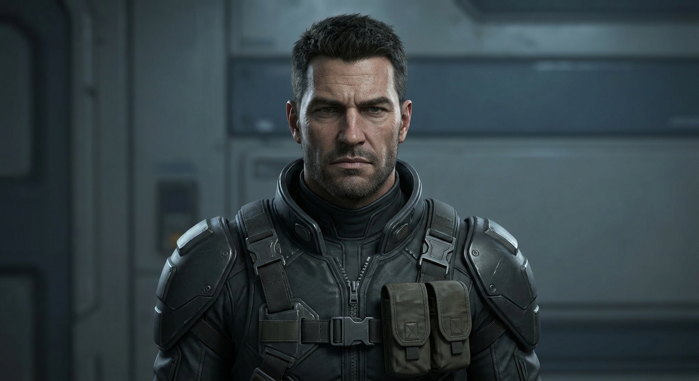 a male face and upper torso with a neutral background clothed as in a star citizen character portrait.
