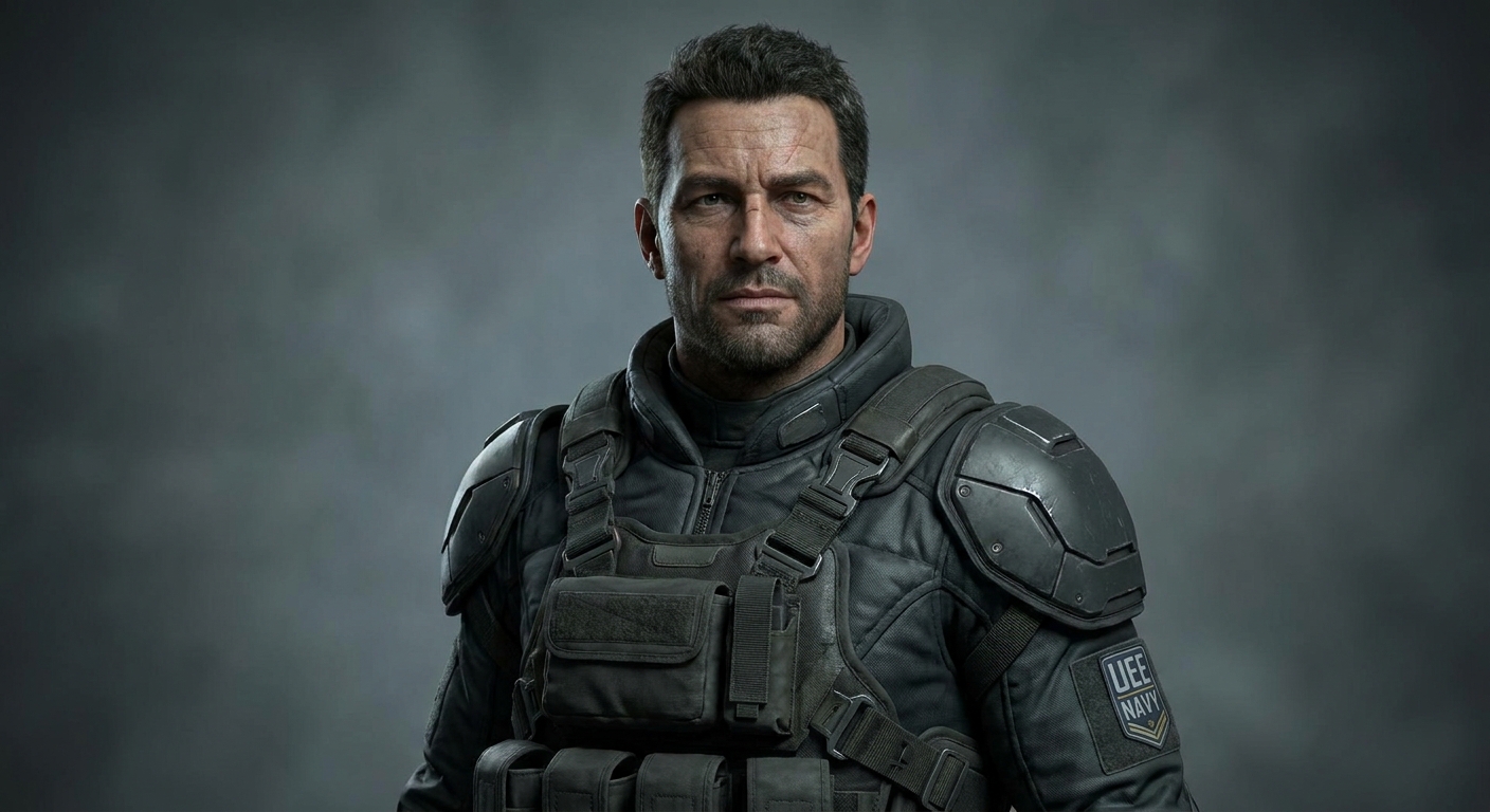 a male face and upper torso with a neutral background clothed as in a star citizen character portrait.