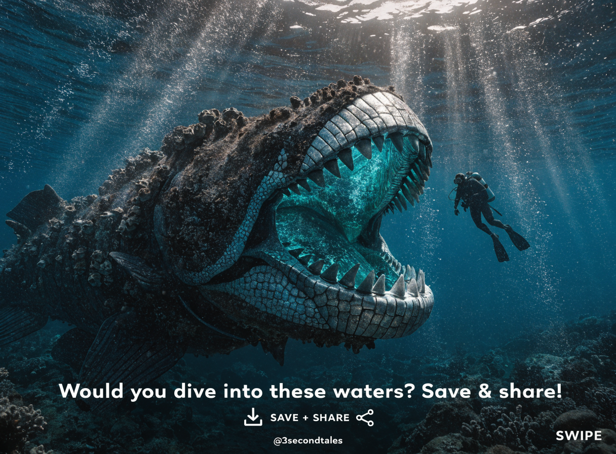 Carousel Style
Style: Dark ocean documentary + cinematic predator reveal
Colors: Deep blue, black, silver, glowing teal accents
Fonts: Bold, high-contrast uppercase text
Effects: Underwater particles, dramatic lighting, sharp focus on jaws
Dunkleosteus
Text: Would you dive into these waters? Save & share!
Visual:
Diver vs Dunkleosteus size comparison
SAVE + SHARE icons
Bottom center text : @3secondtales
Bottom right text :SWIPE