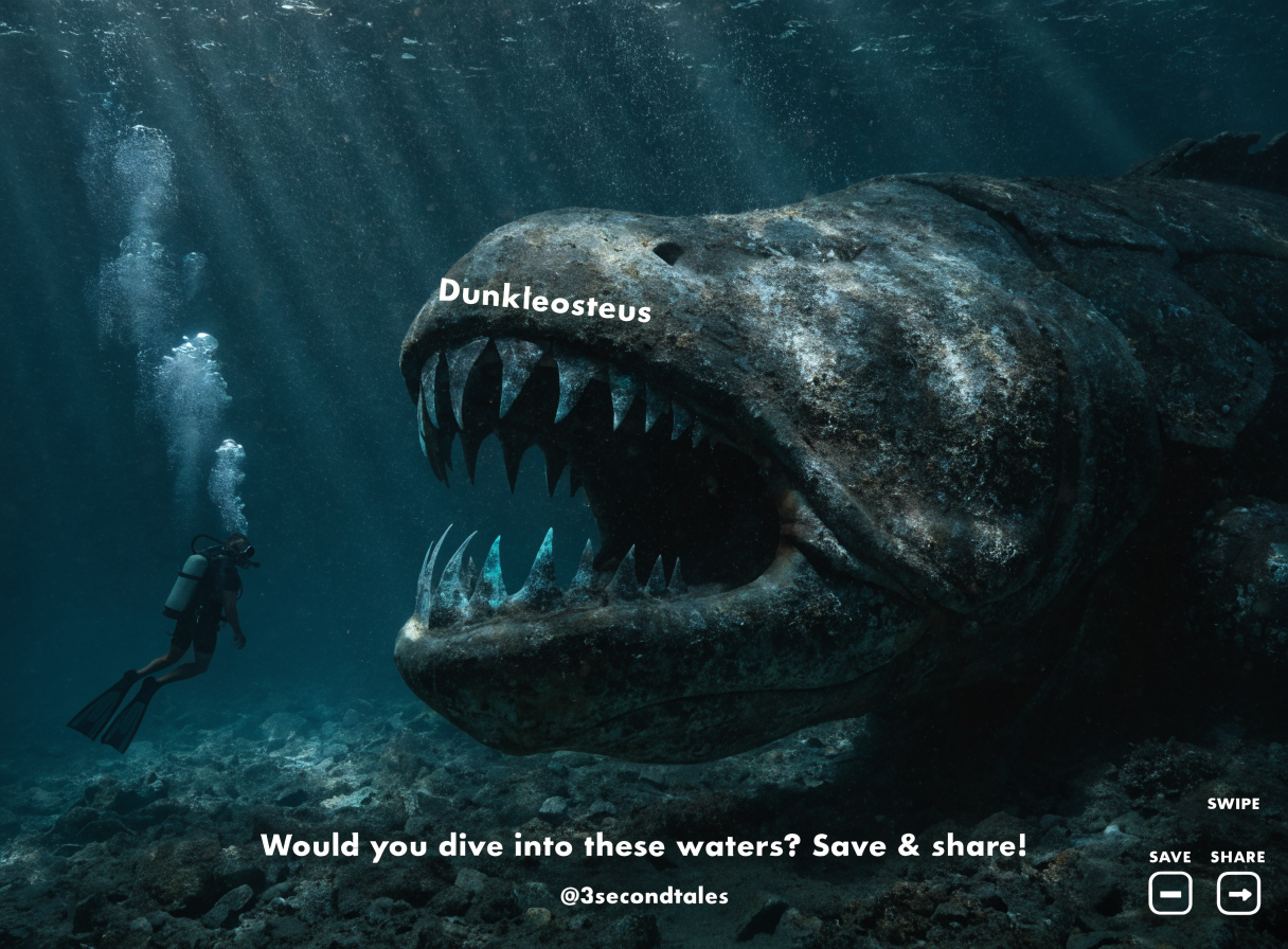 Carousel Style
Style: Dark ocean documentary + cinematic predator reveal
Colors: Deep blue, black, silver, glowing teal accents
Fonts: Bold, high-contrast uppercase text
Effects: Underwater particles, dramatic lighting, sharp focus on jaws
Dunkleosteus
Text: Would you dive into these waters? Save & share!
Visual:
Diver vs Dunkleosteus size comparison
SAVE + SHARE icons
Bottom center text : @3secondtales
Bottom right text :SWIPE