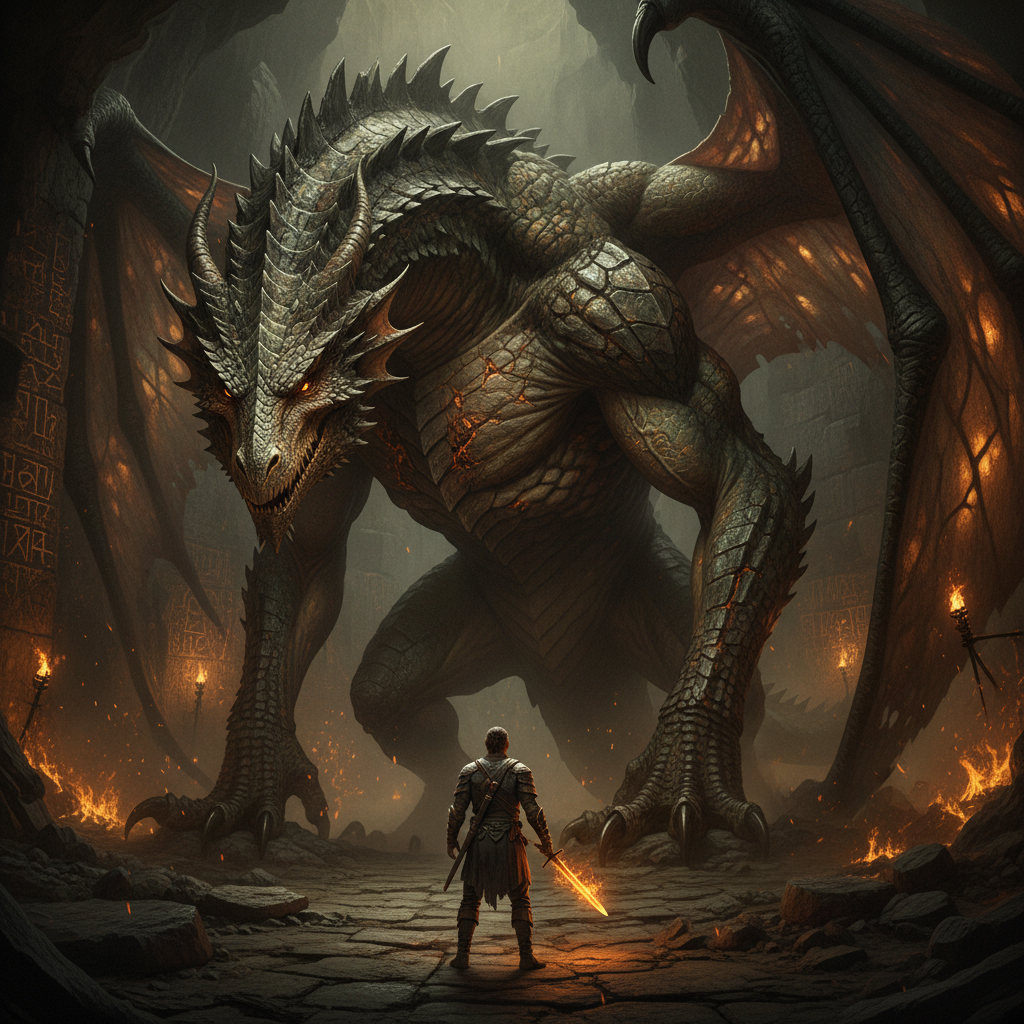 Ultra-photorealistic editorial realism of Fafnir the dragon towering over the warrior in a cavernous lair, hyper-detailed dragon skin texture with rugged, asymmetrical scales—varied in size, color, and wear (deep cracks, scarred patches, and natural metallic sheen on aged scales). The dragon’s immense size dominates the scene—wingspan stretching beyond the cave walls, claws dwarfing the warrior’s entire frame, and a muscular bulk that casts overwhelming shadows across the stone floor. Physically accurate materials show rough, weathered hide with subtle dirt and ash accumulation, wings with translucent, veined membranes and torn edges, and glowing amber eyes reflecting firelight. A lone warrior in worn, leather-bound armor with realistic fabric textures and rusted metal accents stands with his back to the viewer, facing the dragon, holding a single sword with molten-orange light casting dynamic, realistic shadows—dwarfed by the dragon’s colossal presence. The cave features ancient stone walls with intricate glowing runes (organic cracks and weathering), smoldering embers floating in thick smoke, and torchlight flickering off damp rock surfaces. Cinematic depth with realistic reflections on the dragon’s scales, natural asymmetry in the dragon’s posture (slightly uneven claws, asymmetrical wing positioning), and premium color grading with deep amber and obsidian tones. Ultra-detailed textures on dragon’s scales, warrior’s armor, and cavernous environment. 8K ultra-high resolution, masterpiece quality, no artificial effects.