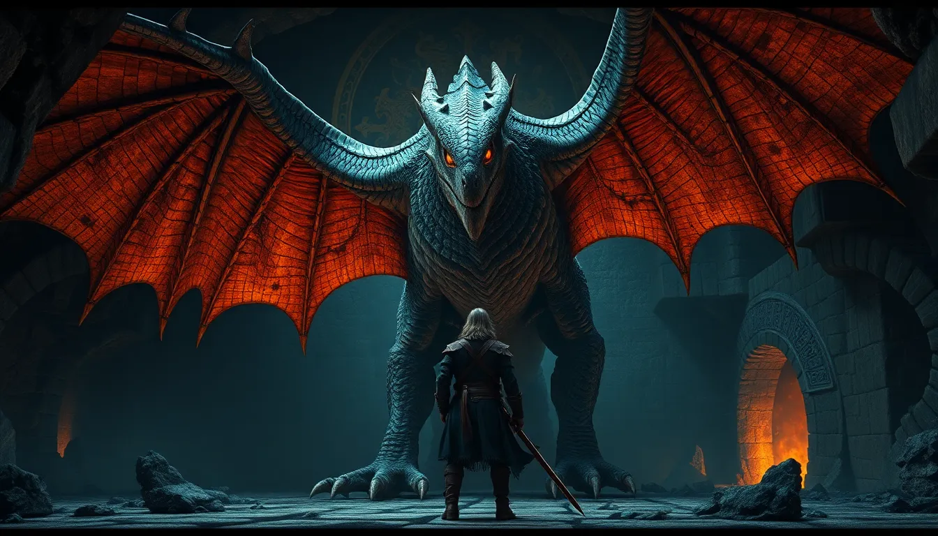 Ultra-photorealistic editorial realism of Fafnir the dragon towering over the warrior in a cavernous lair, hyper-detailed dragon skin texture with rugged, asymmetrical scales—varied in size, color, and wear (deep cracks, scarred patches, and natural metallic sheen on aged scales). The dragon’s immense size dominates the scene—wingspan stretching beyond the cave walls, claws dwarfing the warrior’s entire frame, and a muscular bulk that casts overwhelming shadows across the stone floor. Physically accurate materials show rough, weathered hide with subtle dirt and ash accumulation, wings with translucent, veined membranes and torn edges, and glowing amber eyes reflecting firelight. A lone warrior in worn, leather-bound armor with realistic fabric textures and rusted metal accents stands with his back to the viewer, facing the dragon, holding a single sword with molten-orange light casting dynamic, realistic shadows—dwarfed by the dragon’s colossal presence. The cave features ancient stone walls with intricate glowing runes (organic cracks and weathering), smoldering embers floating in thick smoke, and torchlight flickering off damp rock surfaces. Cinematic depth with realistic reflections on the dragon’s scales, natural asymmetry in the dragon’s posture (slightly uneven claws, asymmetrical wing positioning), and premium color grading with deep amber and obsidian tones. Ultra-detailed textures on dragon’s scales, warrior’s armor, and cavernous environment. 8K ultra-high resolution, masterpiece quality, no artificial effects.