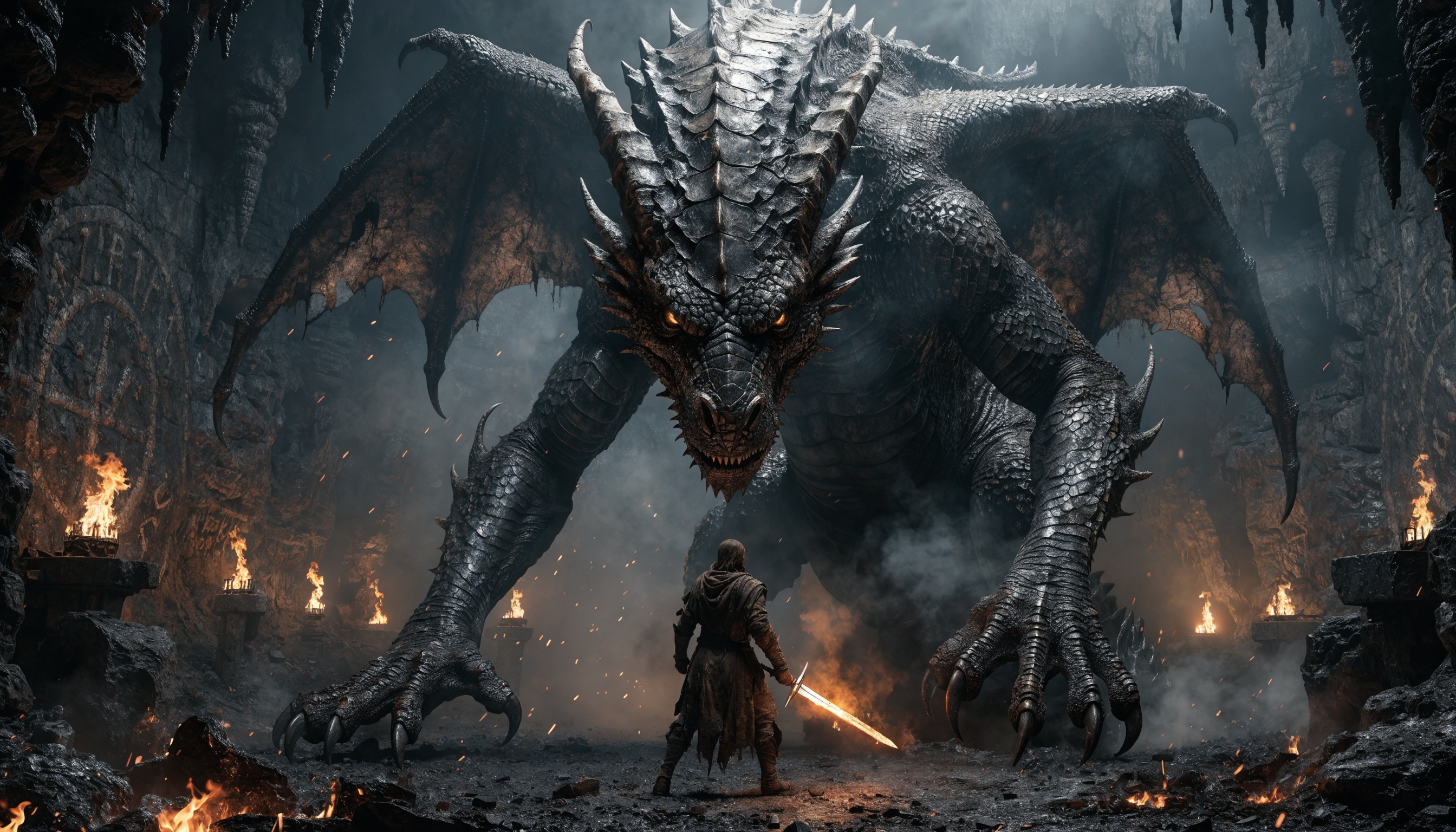 Ultra-photorealistic editorial realism of Fafnir the dragon towering over the warrior in a cavernous lair, hyper-detailed dragon skin texture with rugged, asymmetrical scales—varied in size, color, and wear (deep cracks, scarred patches, and natural metallic sheen on aged scales). The dragon’s immense size dominates the scene—wingspan stretching beyond the cave walls, claws dwarfing the warrior’s entire frame, and a muscular bulk that casts overwhelming shadows across the stone floor. Physically accurate materials show rough, weathered hide with subtle dirt and ash accumulation, wings with translucent, veined membranes and torn edges, and glowing amber eyes reflecting firelight. A lone warrior in worn, leather-bound armor with realistic fabric textures and rusted metal accents stands with his back to the viewer, facing the dragon, holding a single sword with molten-orange light casting dynamic, realistic shadows—dwarfed by the dragon’s colossal presence. The cave features ancient stone walls with intricate glowing runes (organic cracks and weathering), smoldering embers floating in thick smoke, and torchlight flickering off damp rock surfaces. Cinematic depth with realistic reflections on the dragon’s scales, natural asymmetry in the dragon’s posture (slightly uneven claws, asymmetrical wing positioning), and premium color grading with deep amber and obsidian tones. Ultra-detailed textures on dragon’s scales, warrior’s armor, and cavernous environment. 8K ultra-high resolution, masterpiece quality, no artificial effects.