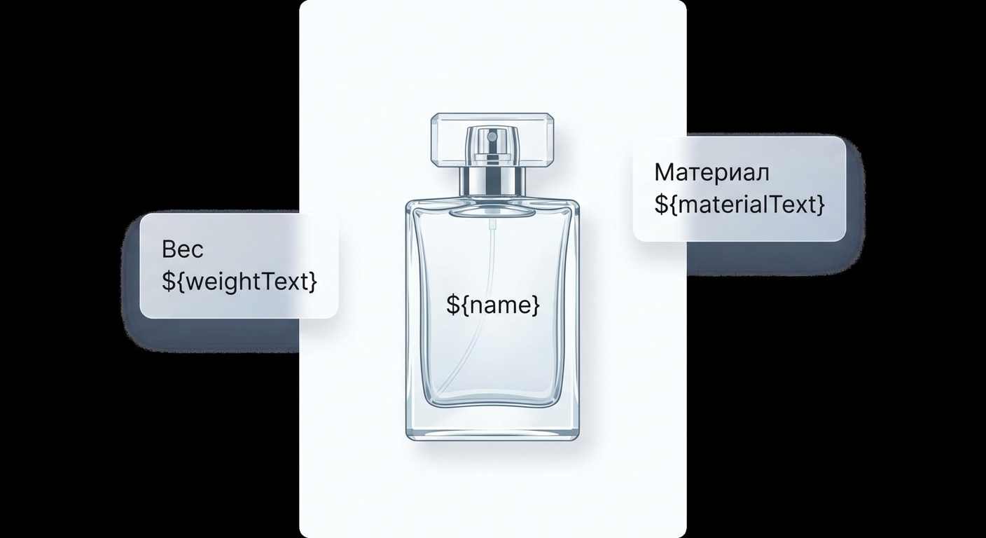 Инфографика для электронной коммерции с товаром "${name}". Современные плавающие бейджи с характеристиками: Вес ${weightText}, Материал ${materialText}. Белый фон, минималистичный дизайн, четкая типографика, коммерческий стиль