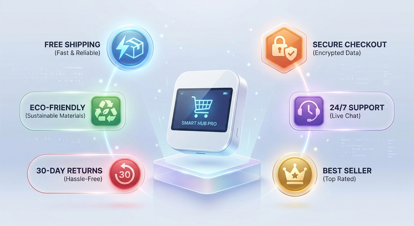 Infographics for e-commerce with the product . Modern floating badges with the following characteristics:
