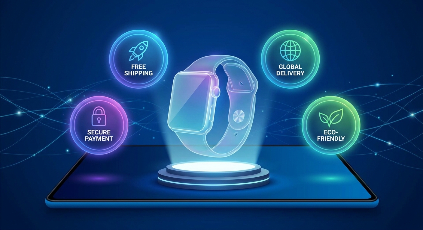 Infographics for e-commerce with the product . Modern floating badges with the following characteristics: