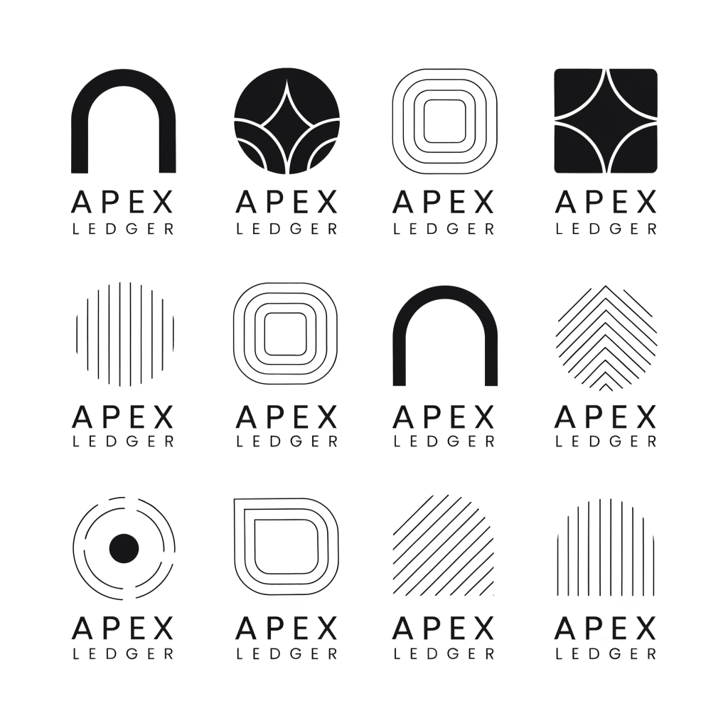 make 10 logos for company named apex ledger in minimalism, straight style