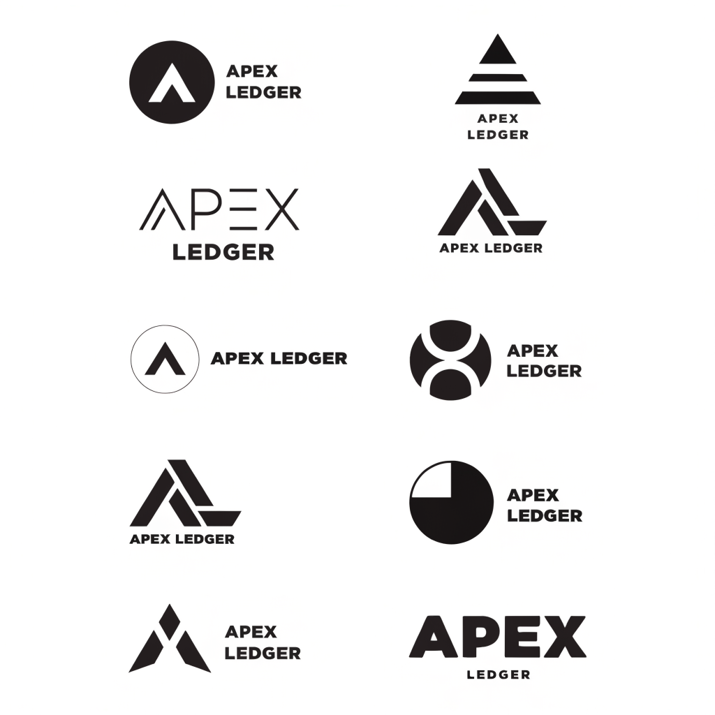 make 10 logos for company named apex ledger in minimalism, straight style