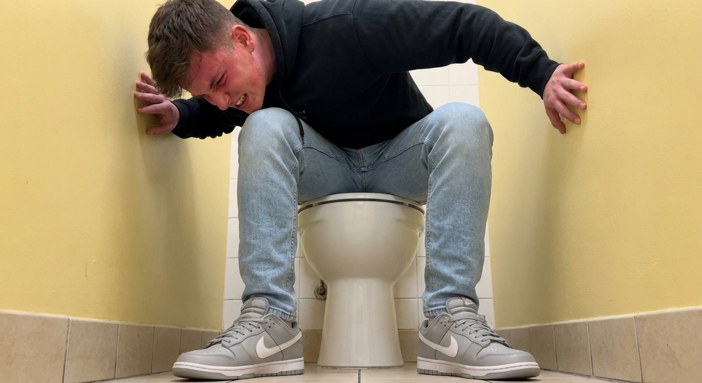 Picture a 19-year-old man sitting on the toilet who is very constipated. He has his hands on either side of the wall, straining. He's wearing light blue jeans and grey Nike Dunk shoes. He has his hands on each...