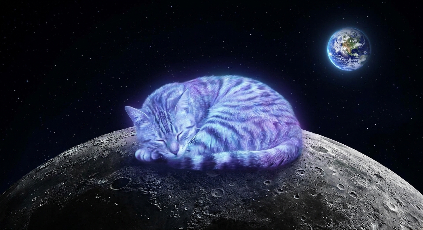 a glowing cat on a moon