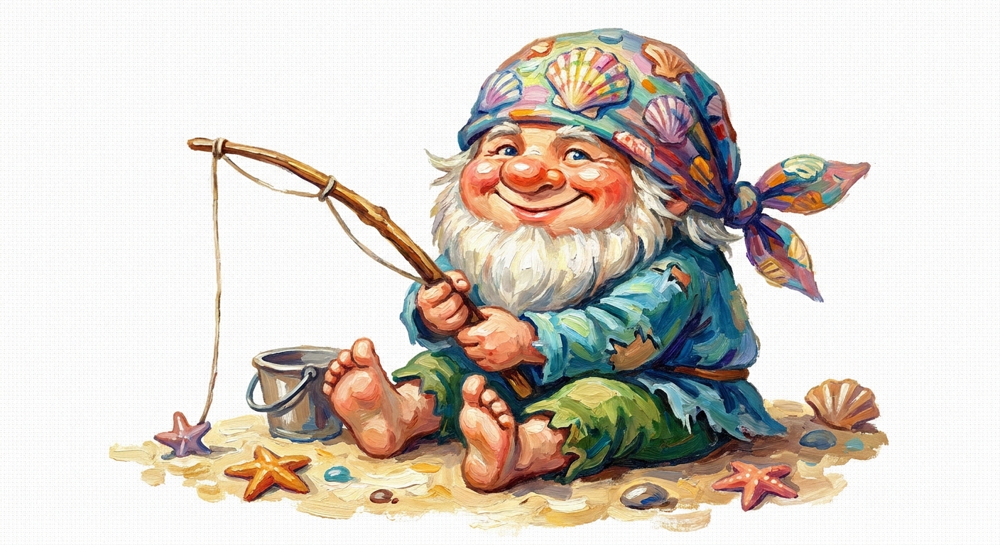 cute  caricature A sea gnome with a seashell bandanna, sitting on the shore with a fishing pole,Rendering in Native 4K, 50 pixel, oil painting, white background