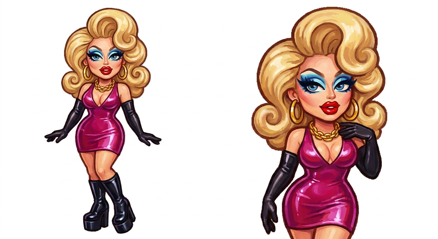 cute caricature gpin up styles lamorous drag queen has voluminous blonde retro curl hair, bold blue eyeshadow and bright red lipstick and wears a figure-hugging mini dress in shiny magenta latex with a V-neck, a gold chain chain, gold hoop earrings, black opera gloves and knee-high black patent leather platform boots Rendering in Native 4K, 50 pixels oil painting, white background