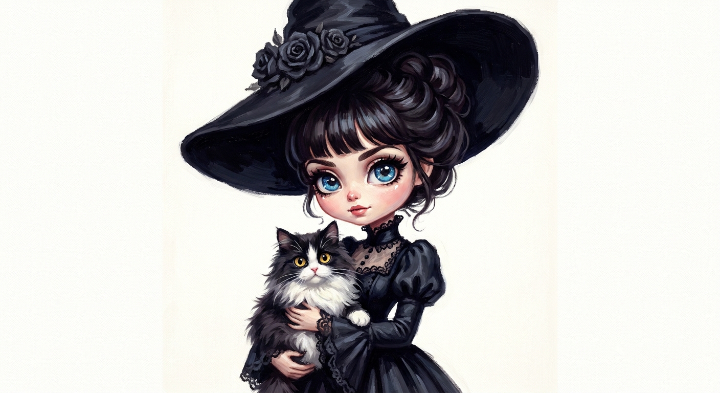 cute caricature high-quality diva woman with striking blue eyes, dark hair in an updo with bangs, a dramatic black wide-brimmed hat adorned with dark fabric flowers, and a black embellished gothic dress with elaborate lace details and necklines. She holds a fluffy, long-haired black and white cat with piercing yellow eyes. Rendering in Native 4K, 50 pixels oil painting, white background