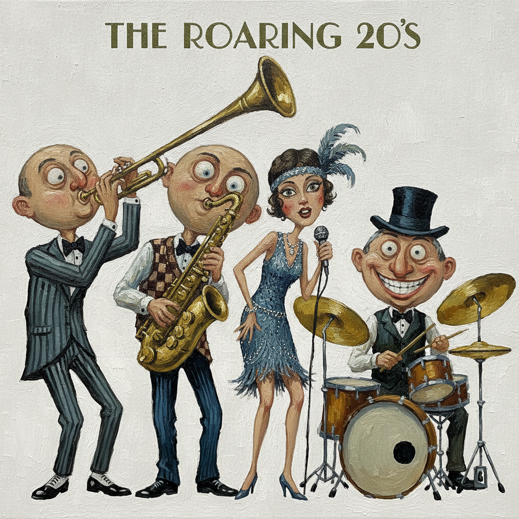 cute  caricature high-quality, A roaring 20s jazz band .Rendering in Native 4K, 50 pixel, oil painting, white background