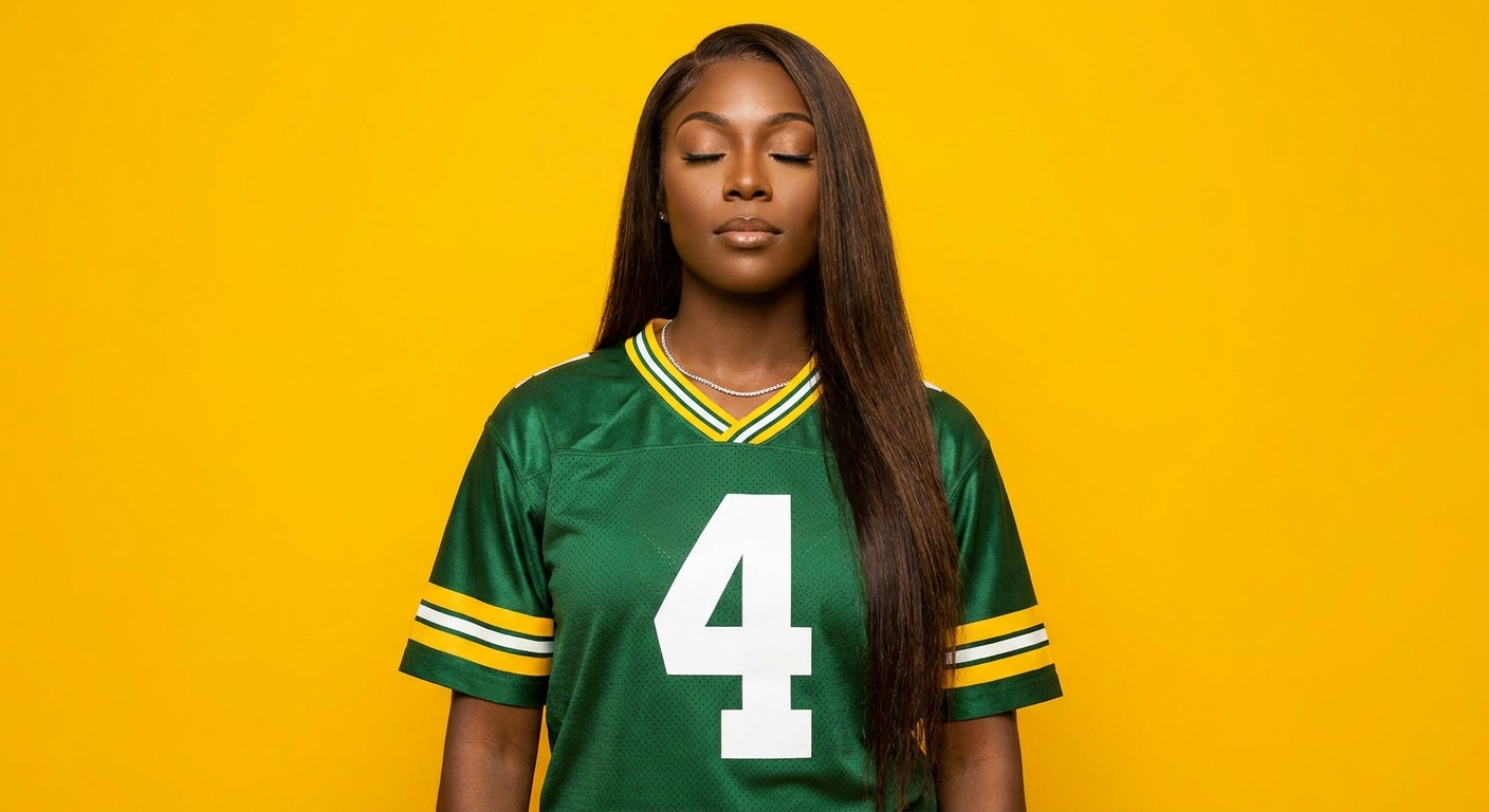 iThe image depicts a black woman wearing a green football jersey with white numbers on it, set against a yellow background. The jersey has a distinctive design, featuring a large number 4 in white on the front, accompanied by two yellow stripes around the collar and sleeves. A silver necklace adorns her neck, adding to her overall appearance. In terms of facial features, the woman's hair is long and dark brown, styled straight down her back. Her eyes are closed, giving the impression that she may be posing for a photo shoot or promotional campaign. Overall, the image presents a striking visual representation of the woman, showcasing her style and confidence through her fashion choices and pose.