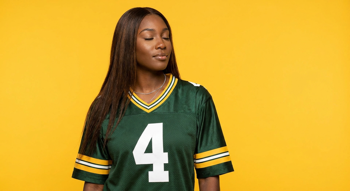 iThe image depicts a black woman wearing a green football jersey with white numbers on it, set against a yellow background. The jersey has a distinctive design, featuring a large number 4 in white on the front, accompanied by two yellow stripes around the collar and sleeves. A silver necklace adorns her neck, adding to her overall appearance. In terms of facial features, the woman's hair is long and dark brown, styled straight down her back. Her eyes are closed, giving the impression that she may be posing for a photo shoot or promotional campaign. Overall, the image presents a striking visual representation of the woman, showcasing her style and confidence through her fashion choices and pose.