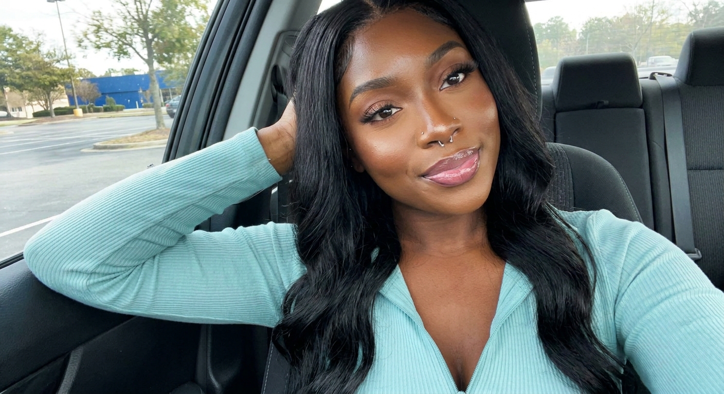 **Ultra-Detailed Description (with Makeup):**

The image is a candid, close-up selfie of a young Black woman seated in the back seat of a car. She has rich, deep brown skin with a smooth, radiant glow and is looking directly at the camera with a relaxed, slightly playful expression. Her head is tilted gently to her right, and her lips are parted with her tongue lightly touching her lower lip.

**Makeup Details:**  
Her makeup is polished yet natural-looking for a casual outing. She has well-defined, arched eyebrows that are precisely shaped and filled in with a dark brown or black product. Her eyes feature long, voluminous false lashes or well-layered mascara that creates a dramatic, fluttery effect. There's subtle warm-toned eyeshadow on her lids with a soft shimmer or highlight on the inner corners. Her cheeks have a sculpted contour with a touch of bronzer or blush for dimension, giving her a fresh, glowing look. Her lips are glossy with a nude-pink or mauve shade that has a wet, shiny finish, accentuating their full shape.

She has a silver septum nose ring and an additional small silver stud on her left nostril.

Her hair is long, jet-black, and styled in sleek, voluminous waves with a middle part. The hair cascades luxuriously over her shoulders and chest, with soft layers and subtle body that frame her face beautifully. A few strands fall naturally across her forehead and cheek.

She is wearing a light blue (minty/aqua-toned) long-sleeved ribbed zip-up top. The top has a partially unzipped front that creates a flattering V-neckline, revealing her décolletage. The fabric appears soft and stretchy with a fine waffle/ribbed texture. Her left hand is raised behind her head, fingers loosely gripping the headrest or the back of the seat, showcasing her manicured nails.

The setting is the interior of a vehicle, likely an SUV or larger car, with dark gray fabric seats visible behind her. Through the car window on the left side of the frame, daylight reveals an outdoor scene with green trees and what appears to be a parking lot or roadside area, including a glimpse of a blue structure in the distance. The natural daylight coming through the window illuminates her from the side, creating soft highlights on her skin and hair while keeping the overall mood intimate and casual.

The composition has a natural, everyday vibe typical of a personal selfie taken while riding or parked in a car, with the focus sharply on her face, hair, and upper body. The color palette is dominated by the cool tones of her top, the dark richness of her hair, and the neutral grays of the car interior, contrasted by the greenery outside.