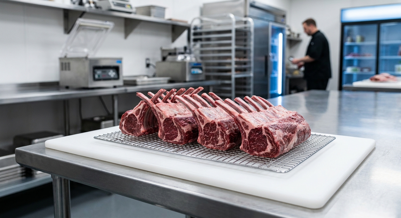 A hyper-realistic, detailed photograph taken in a professional, clean commercial kitchen environment. In the sharp foreground, centered on a stainless steel work table, sits a pristine white cutting board. Placed directly upon the cutting board is a full stainless steel wire cooling rack. Neatly arranged on this rack are four perfectly prepared, frenched rack-of-lamb roasts, identical in number and presentation to those in image_4.png. The rich, dark red color and marbling of the raw lamb meat are sharply defined and textured. The exposed rib bones are clean and evenly spaced. The background, consistent with image_4.png, is a sterile industrial kitchen with brushed stainless steel surfaces, shelves, professional equipment (like a vacuum sealer unit), and a cooling rack cart. A single chef, dressed in black, is visible and blurred in the far background by a blue-tinted freezer door, maintaining the depth of field. The lighting is bright, even, commercial-grade overhead lighting, casting crisp reflections on the metal surfaces. The focus is exclusively on the lamb racks and their immediate surroundings, with a shallow depth of field rendering the background elements softly indistinct. The composition is clean and appetizing.