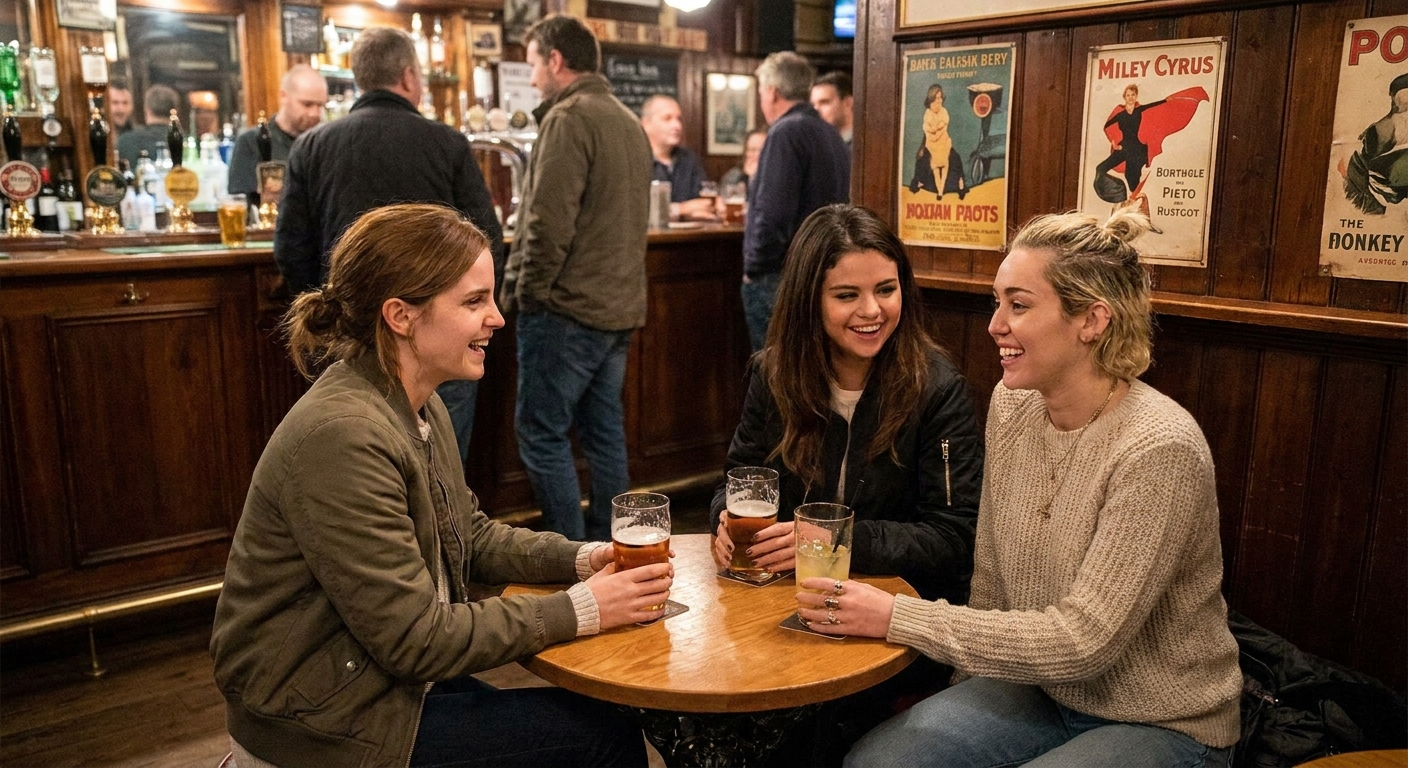 Emma Watson in a bar with Selena Gomez and Miley Cyrus