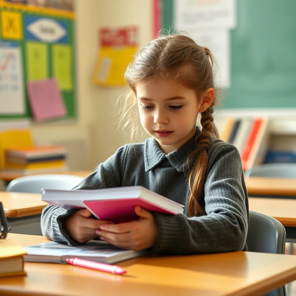 Girl placing notebooks on her desk during the first school morning, realistic photography, authentic expression.